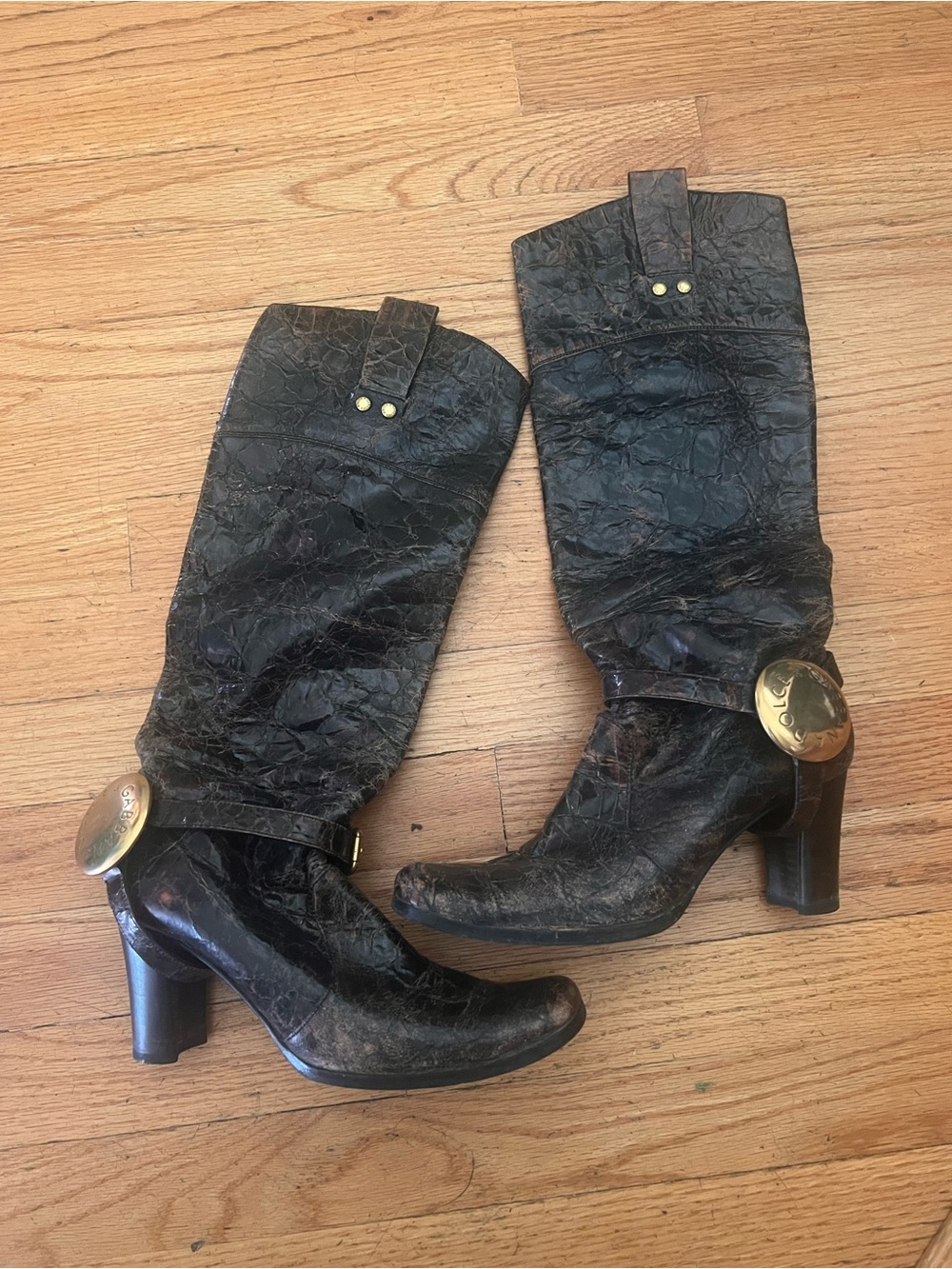 Dolce & Gabbana Black Leather Mid-Calf Heeled Boots with Gold Medallion Accent